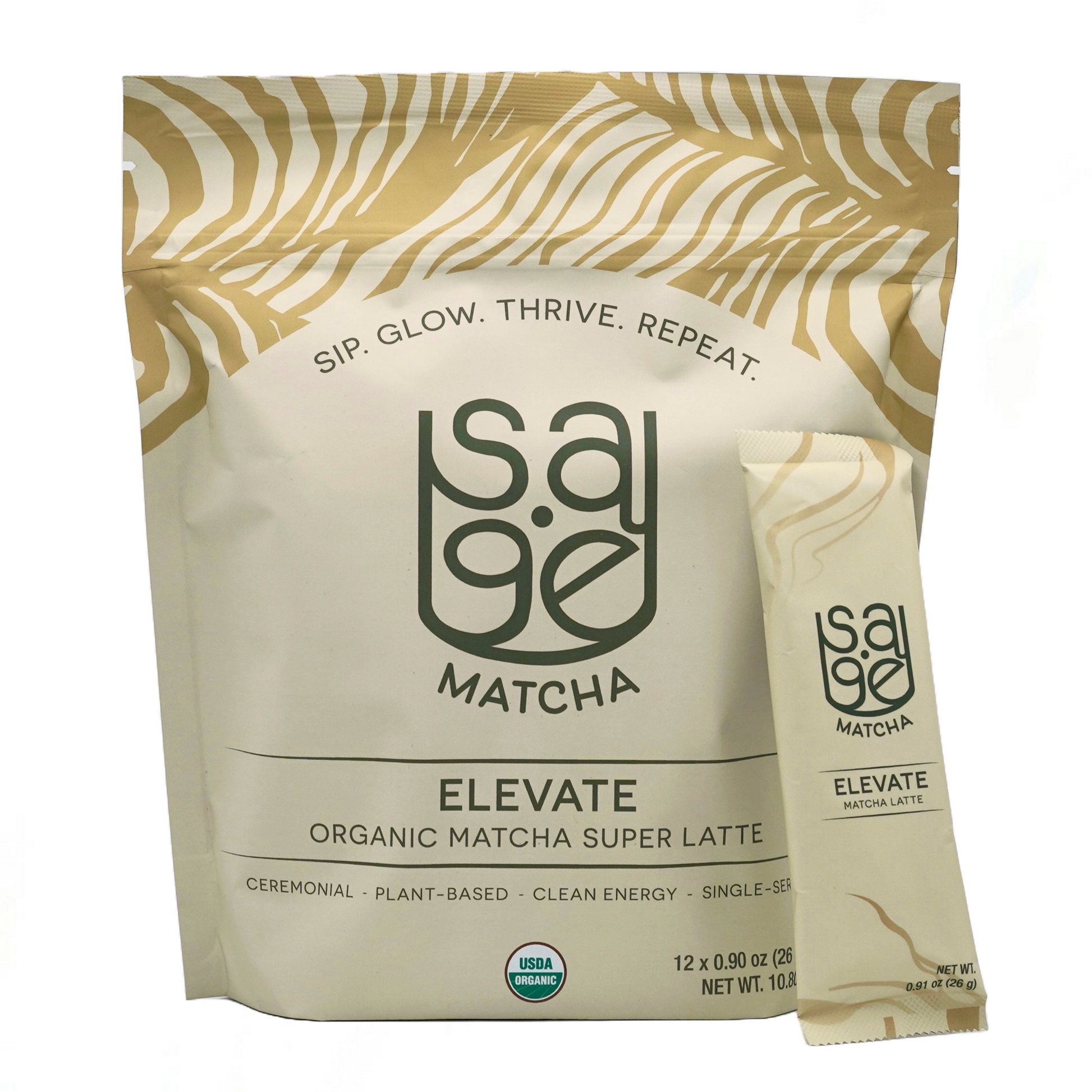 Sage Matcha Elevate Super Latte instant blend, pouch and single serving stick in front of white backdrop.