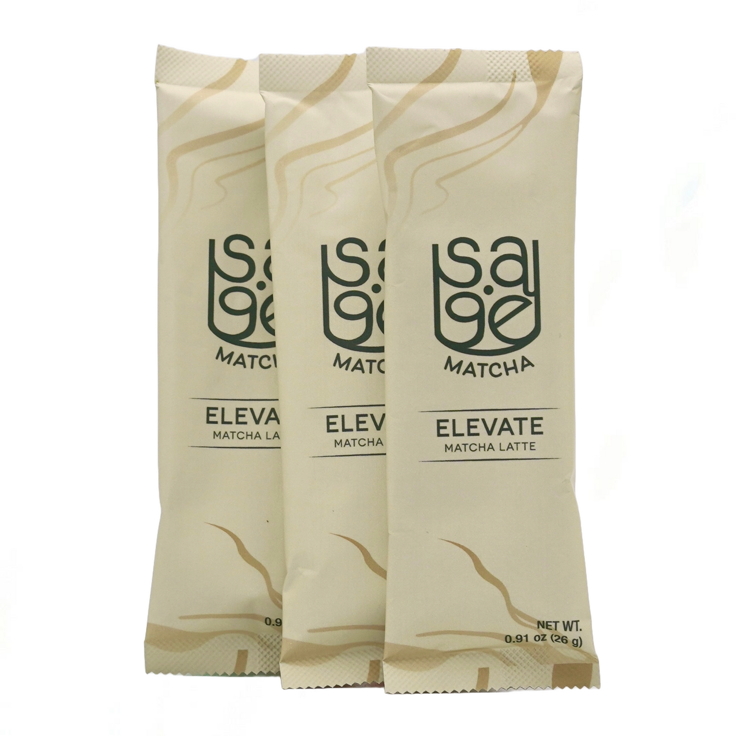 Sage Matcha Elevate Blend 3 single serving sticks, instant matcha latte, white background