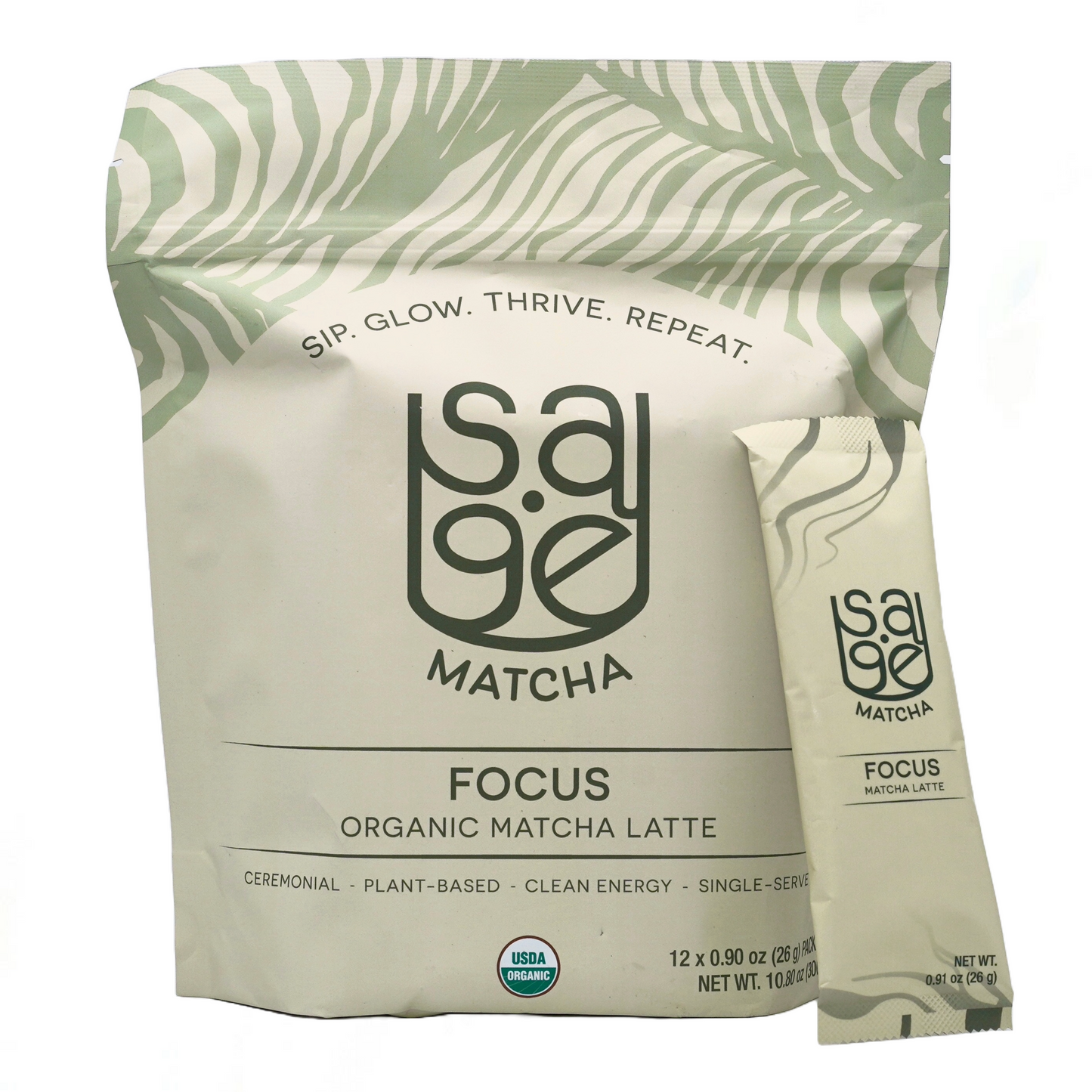 Sage Matcha Focus Latte Blend, pouch and single serving stick, white background