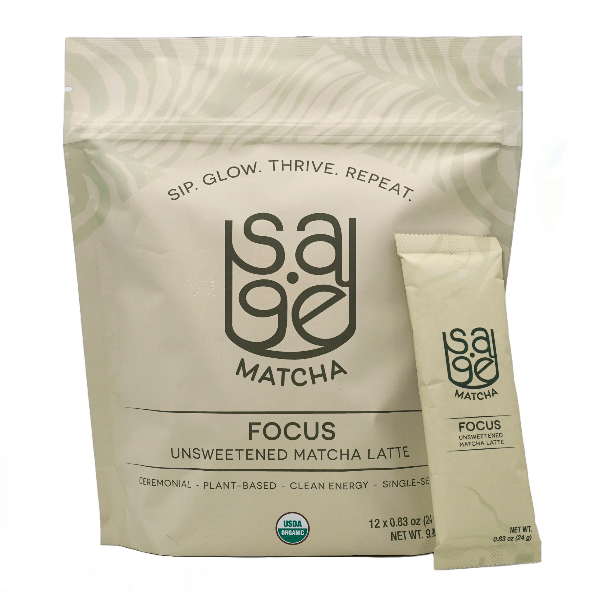 Sage Matcha Focus Unsweetened variety, pouch and single serving instant latte stick, white background