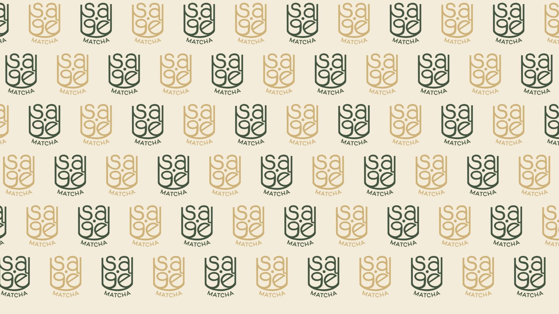 Repeated image of Sage Matcha logo in green and gold, in front of beige background.